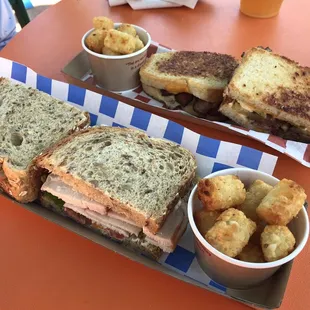 Smoked turkey sandwich &amp; BBQ brisket melt with potato barrels
