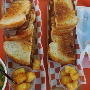 BBQ Brisket melts with sides of tater tots