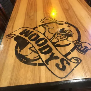 a wooden table with a logo on it