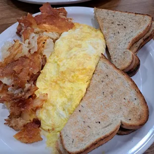 Mozzarella cheese omlette,  rye toast and home fries