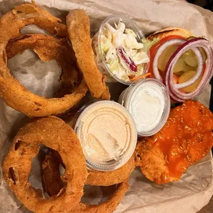 O-rings (yum) and a Buffalo Chicken Sandwich.  Great!