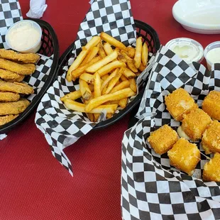 Fried green tomatoes, Cheese bombs, and French fries.
