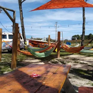 Outdoor dining and hammocks.
