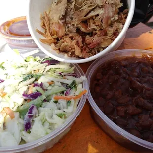 Pulled pork platter with coleslaw and baked beans