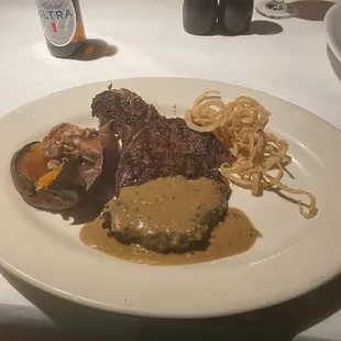 12 0z Angus Ribeye, Sweet Potato, onion swirls,