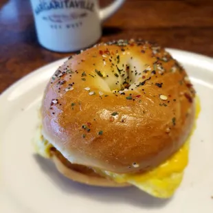 Breakfast sausage,egg,cheese on everything bagel.