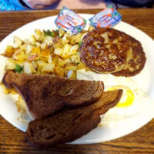 Sausage,eggs potatoes and toast