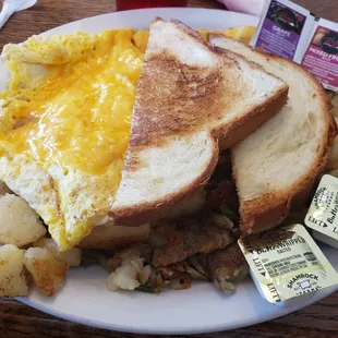 Cheese, Eggs, Potatoes, and Toast! WOOT!
