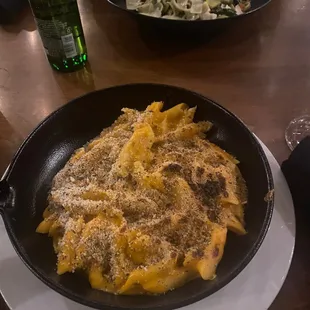 Skillet Mac and cheese and pasta in the background