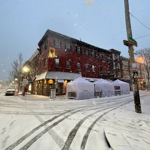 Winter outdoor dining in heated tents.