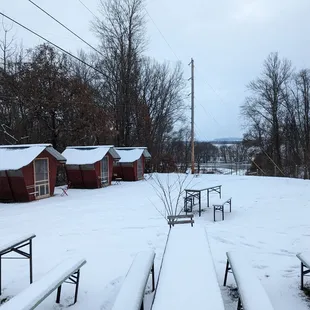 snow covered picnic tables and benches