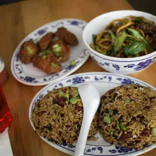 Fried rice, beef noodles, chicken wings