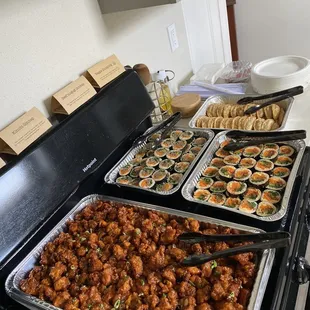 Popcorn chicken, kimchi gimbap, Bulgogi gimbap, vegggie dumpling