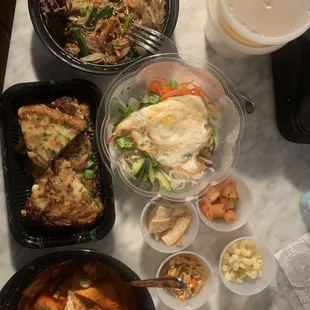 Japchae, Seafood Pajeon, Bibimbap, Dukbokki