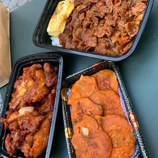 Bulgogi over Wild Rice with Free Soup () Soy Garlic Chicken () tofu?? I forget