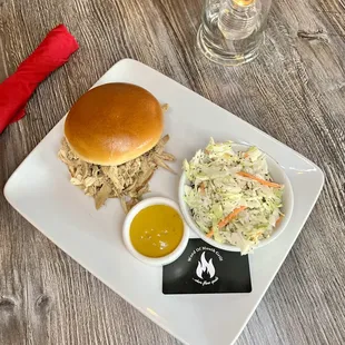 Pulled Chicken Sandwich with a side of Coleslaw