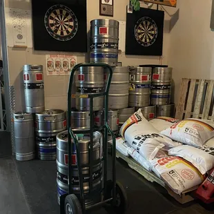 a cart of beer kegs
