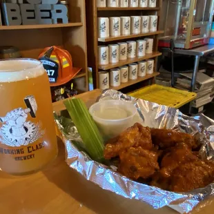 chicken wings, celery, and beer