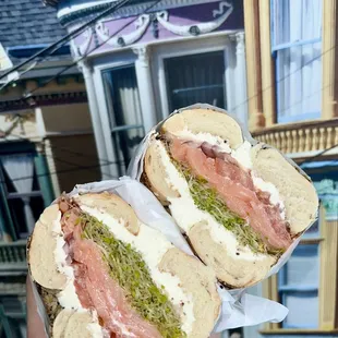 Everything Bagel  with smoked salmon and switched out the capers for greens.