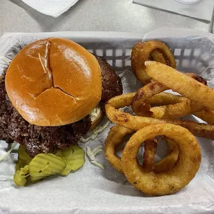 Burger and onion rings