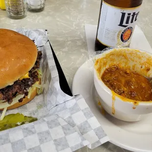 Double cheese burger, and a cup of super tasty chili!