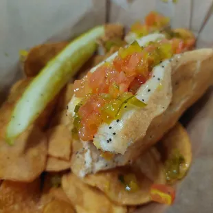 Chicago dog. Bun was gross. Go to Portillos for awesome Chicago Dogs.