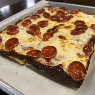 Detroit style pepperoni pizza