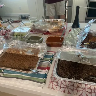 Rice, beans, Asada, Al Pastor, chicken, salsas