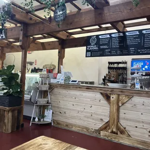 a restaurant counter with menus
