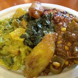 Combo plate (fried plantains, curry, collard greens, chilli, veg gumbo over a bed of rice) = DELICIOUSNESS