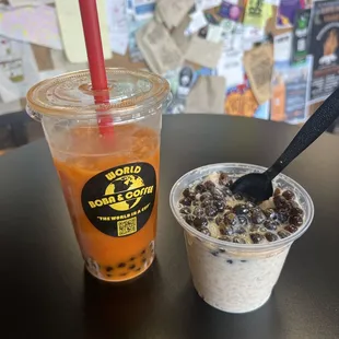 Thai milk tea with boba and arroz con leche with raisins and brown sugar boba absolutely amazing glad I tried this place