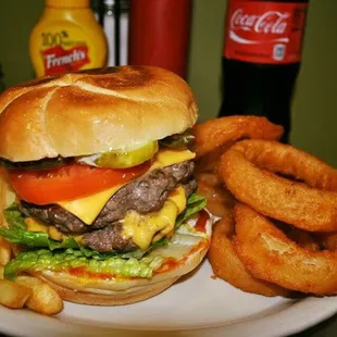 Handmade Double Cheese Burgers, Beer Battered Onion Rings, Fries