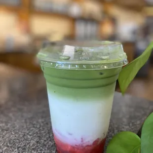 Fresh strawberries in this strawberry matcha latte