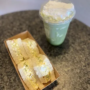 Egg salad sandwich and coconut matcha smoothie