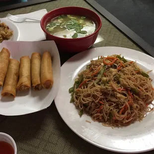 shanghai rolls, pancit noodles and wonton soup