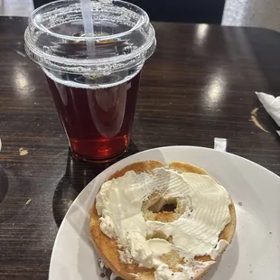 Iced Coffee and Everything Bagel with Cream Cheese