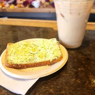 Chevre, herb and lemon Levan sourdough toast, chai tea latte