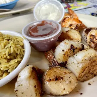 Combination Platter: Grilled Scallops and Shrimp with Yellow Rice and Homemade Slaw