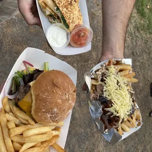 Classic German Cheese Burger, California Chicken Quesadilla, tri-tip fries with Demi-glacé and cheese