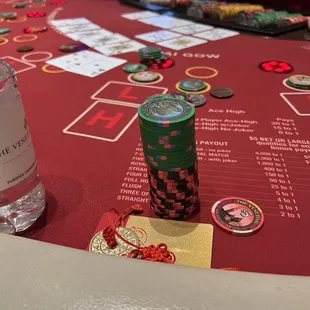 Victory Coin on the table and the Royal Flush Medallion on my jeans belt loop.