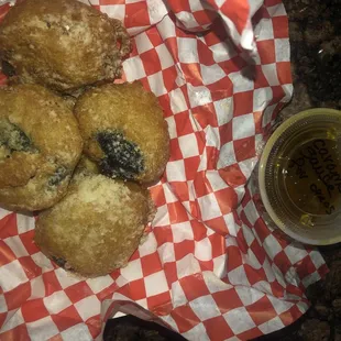 Fried Oreos with caramel sauce.