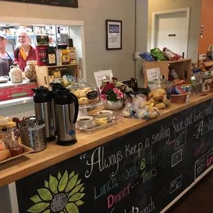 a counter full of food