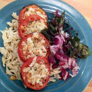 Eggplant Tomato Parmesan with side salad and gluten free pasta