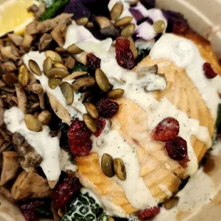 Umami kale and sweet potato w/ salmon bowl