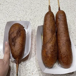 Jalapeno brat dog and 2 foot long corn dogs.