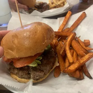 The Mexican burger with sweet potato fries and the Texan burger with regular fries