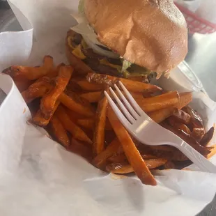 Buffalo fries and burger