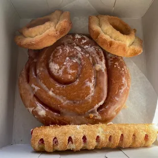 Plain Old-Fashioned Donuts, Cinnamon Snail, and Strawberry Stick