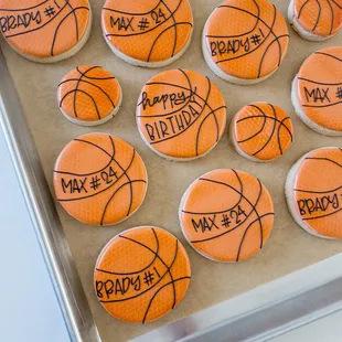 a tray of basketball cookies