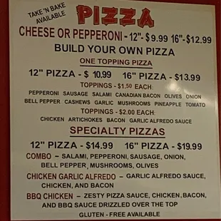 Pizza menu